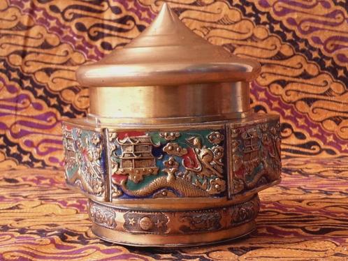 Mooie oude Chinese kruidenpot van koper en emaille 11,5 cm., Antiek en Kunst, Antiek | Woonaccessoires, Ophalen of Verzenden