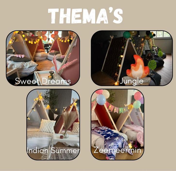 Tipi tent slaapfeestje keuze uit 4 thema’s, Hobby en Vrije tijd, Feestartikelen | Verhuur, Zo goed als nieuw, Ophalen