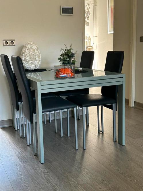 Uitschuifbare glazen eettafel met 4 stoelen, eethoek, Huis en Inrichting, Tafels | Eettafels, Gebruikt, 50 tot 100 cm, Vier personen