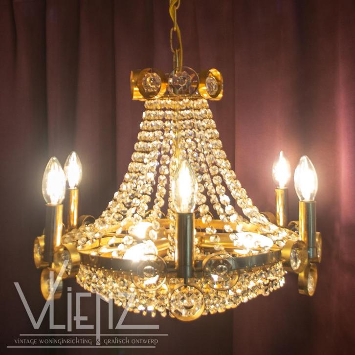 Vintage, Hollywood Regency kroonluchter, lamp hanglamp glas, Huis en Inrichting, Lampen | Kroonluchters, Gebruikt, Glas, Metaal