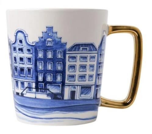 Nieuw, Heinen Delfts Blauw, Mok Huisjes goud, Huis en Inrichting, Keuken | Servies, Nieuw, Overige typen, Overige stijlen, Porselein
