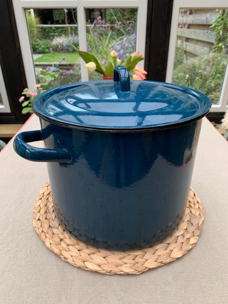 Petrol Blauwe Emaille Kookpan met Deksel, Antiek en Kunst, Antiek | Emaille, Ophalen of Verzenden