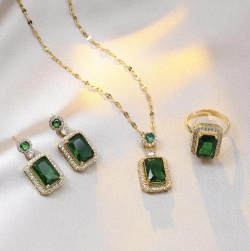Groene Zirkoon Sieraden Set (4 stuks), Sieraden, Tassen en Uiterlijk, Kettingen, Nieuw, Overige materialen, Groen, Met strass