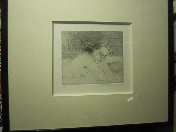 Mooie Gesignenrde ets van een slapende dame in lijst, Antiek en Kunst, Kunst | Etsen en Gravures, Ophalen