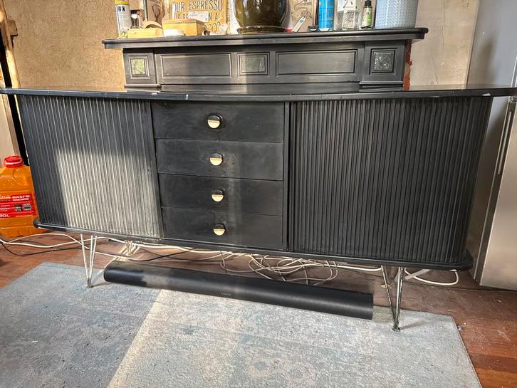 Zwart dressoir met lades en schuifdeuren, Huis en Inrichting, Kasten | Dressoirs, Gebruikt, 150 tot 200 cm, 25 tot 50 cm, Met lade(s)