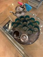 Thee servies verzilverd met 12 glazen verguld, Antiek en Kunst, Antiek | Servies compleet, Ophalen of Verzenden