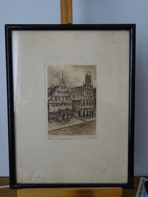 Rathaus in Munster - Onbekende kunstenaar, Antiek en Kunst, Kunst | Etsen en Gravures, Ophalen of Verzenden