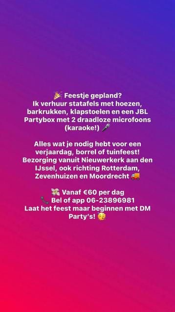 TE HUUR statafels, barkrukken, JBL Partybox Karaoke beschikbaar voor biedingen