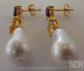 Nieuwe oorbellen met Amethist, Citrien en Parel, zilver/goud beschikbaar voor biedingen