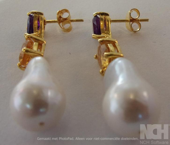 Nieuwe oorbellen met Amethist, Citrien en Parel, zilver/goud, Sieraden, Tassen en Uiterlijk, Oorbellen, Nieuw, Hangers, Zilver