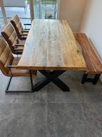 Massief houten eettafel + 3 stoelen & bankje, Huis en Inrichting, Ophalen, Gebruikt, 50 tot 100 cm, Vijf personen of meer