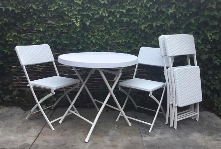Tuinset wit rotan look 1 tafel met 4 stoelen, Tuin en Terras, Tuinsets en Loungesets, Nieuw, Kunststof, Ophalen