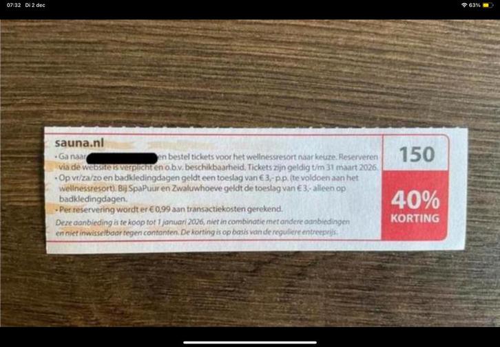 Kortingsbonnen (40%) in omschrijving de sauna’s (KWF), Tickets en Kaartjes, Kortingen en Cadeaubonnen, Twee personen, Spa of Sauna