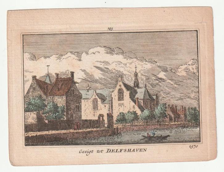 Gesigt tot Delfshaven ingekleurde kleine garvure, Antiek en Kunst, Kunst | Etsen en Gravures, Verzenden