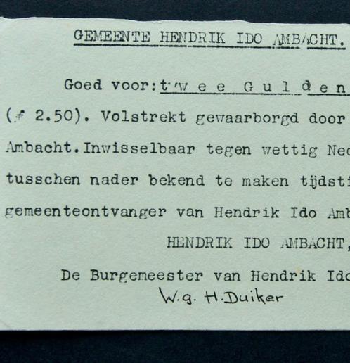 1940 Noodgeld H. I. Ambacht Zfr+/Pr. RRRR. Bieden., Postzegels en Munten, Bankbiljetten | Nederland, Los biljet, 2½ gulden, Ophalen of Verzenden