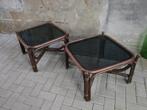 2 Bamboe Jaren 70 Design Salontafel Mid Century Koffie Tafel, Gebruikt, 50 tot 100 cm, Vierkant, Glas