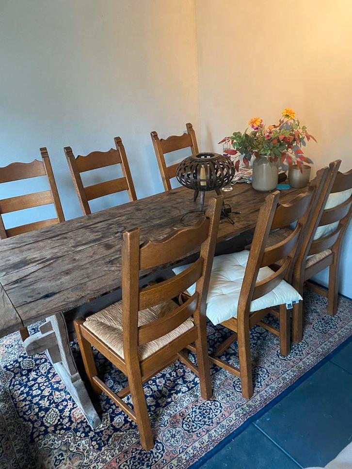 6 Eetkamerstoelen met Biezen Zitting, Huis en Inrichting, Stoelen, Gebruikt, Vijf, Zes of meer stoelen, Hout, Bruin, Ophalen