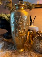 Geel koper oud vaasje gedecoreerd vogel, Antiek en Kunst, Ophalen of Verzenden