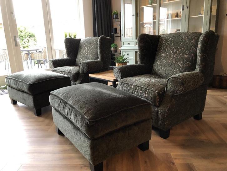 Oorfauteuils met Hocker (2 stuks), Huis en Inrichting, Fauteuils, Zo goed als nieuw, Stof, 75 tot 100 cm, 75 tot 100 cm, Ophalen