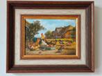 Klein schilderij met kippen en boerderij, Ophalen of Verzenden
