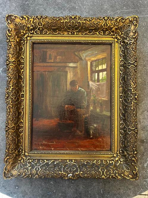 Olieverfschilderij Interior with Seated Figure A. v.d. Berg, Antiek en Kunst, Kunst | Schilderijen | Klassiek, Ophalen of Verzenden