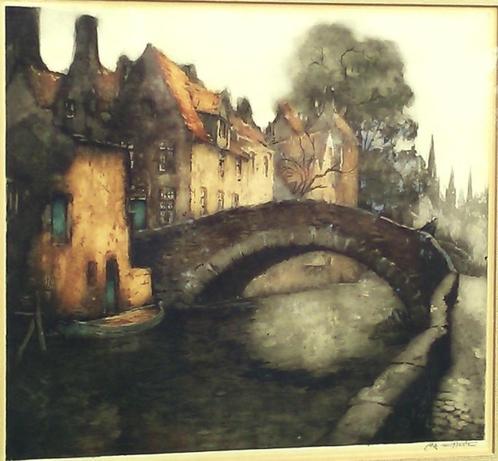 Ets Alfred van Neste Pont de l'hydromel te Brugge, Antiek en Kunst, Kunst | Etsen en Gravures, Ophalen of Verzenden