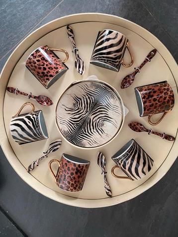 Koffiekopjes/schotels/lepels, zebra/jachtluipaard, set,nieuw beschikbaar voor biedingen
