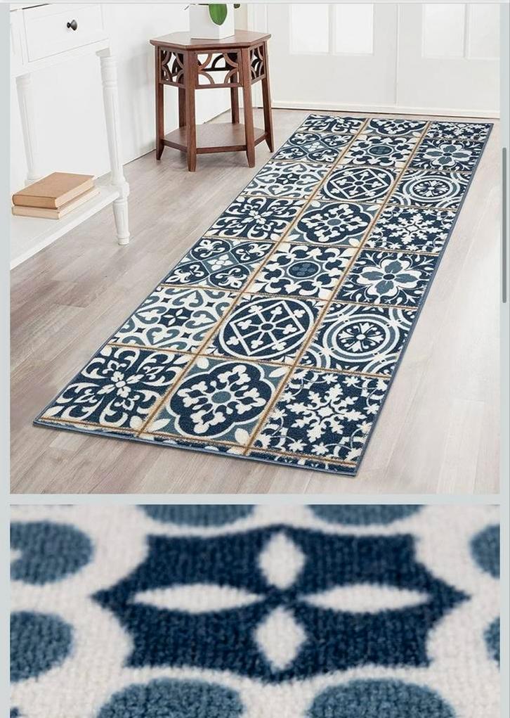 Wit blauwe loper - 80x350cm - Modern & Antislip, Huis en Inrichting, Stoffering | Tapijten en Kleden, Zo goed als nieuw, 50 tot 100 cm