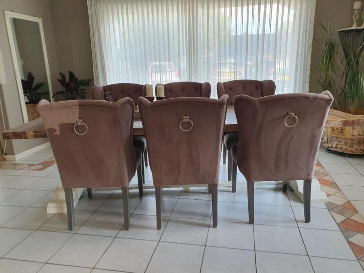 Wingchair eetkamer stoelen 6x, Huis en Inrichting, Stoelen, Gebruikt, Vijf, Zes of meer stoelen, Hout, Stof, Grijs, Ophalen