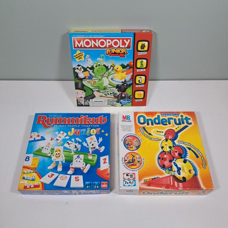 Spellenset Junior: Monopoly, Rummikub & onderuit, Hobby en Vrije tijd, Gezelschapsspellen | Kaartspellen, Gebruikt, Een of twee spelers