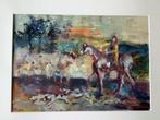Paul Daemen olieverf papier landschap paard ruiters honden, Ophalen of Verzenden
