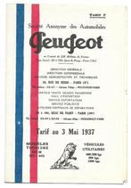 Peugeot 1937 prijslijst tarif auto, Ophalen of Verzenden, Zo goed als nieuw, Peugeot