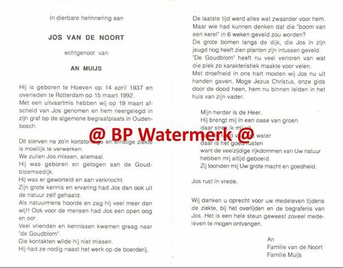 Noort van de Jos 1937 Hoeven 1992 Rotterdam x Muijs - 20803, Verzamelen, Bidprentjes en Rouwkaarten, Bidprentje, Ophalen of Verzenden
