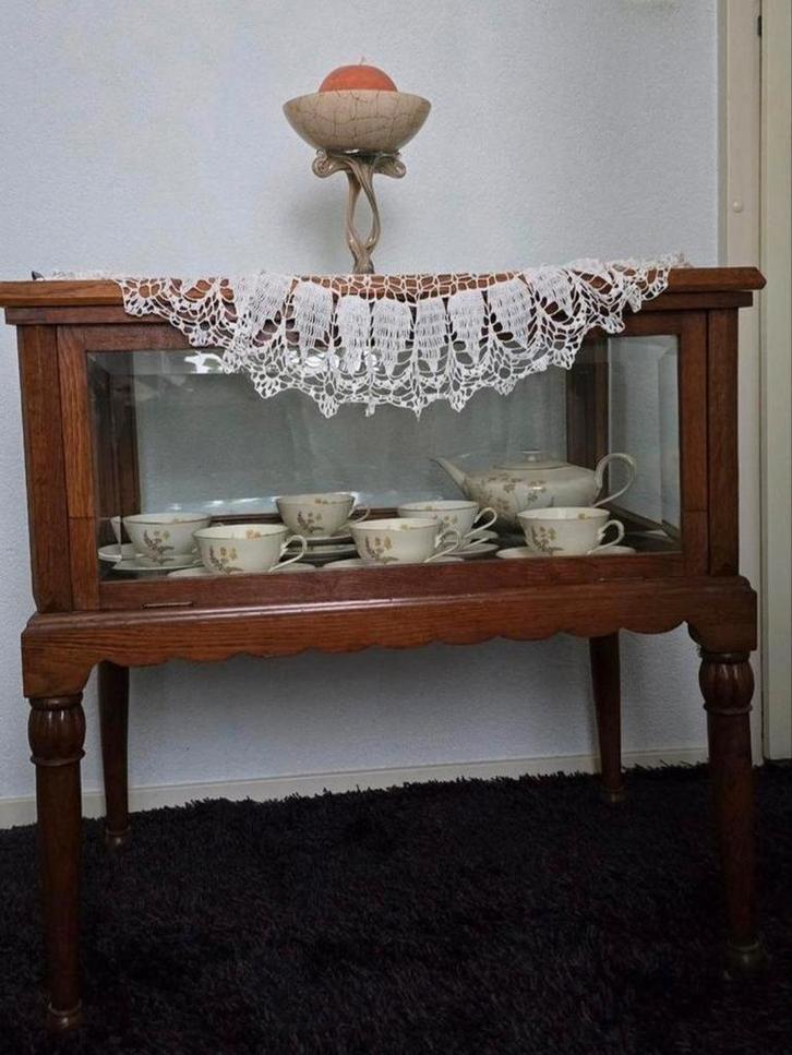 Eiken theekastje met facet glas, Huis en Inrichting, Kasten | Vitrinekasten, Minder dan 100 cm, 50 tot 100 cm, 25 tot 50 cm, Glas