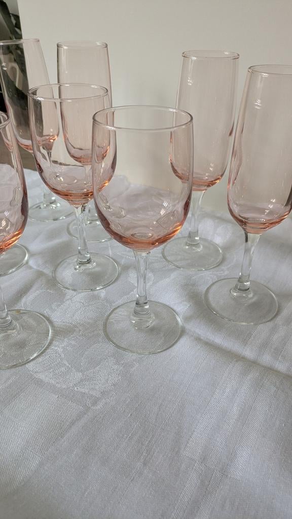 Franse Retro Vintage gekleurde glazen op heldere voet, Ophalen of Verzenden, Zo goed als nieuw, Overige typen