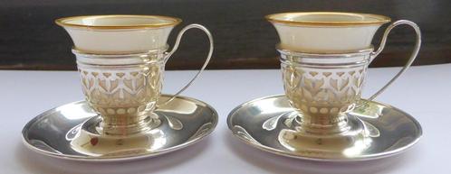 2 antieke zilveren kop en schotels met porselein, incl verze, Antiek en Kunst, Antiek | Goud en Zilver, Zilver, Verzenden