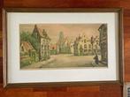 Grote gekleurde ingelijste ets van dorpspleintje, Antiek en Kunst, Kunst | Etsen en Gravures, Ophalen