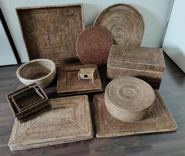 Birma rieten rotan items: mand schaal placemats onderborden, Huis en Inrichting, Woonaccessoires | Schalen en Manden, Zo goed als nieuw