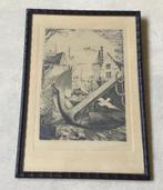 Ets met o.a. anker,boten,vogels etc.gesigneerd in potlood, Antiek en Kunst, Kunst | Etsen en Gravures, Verzenden