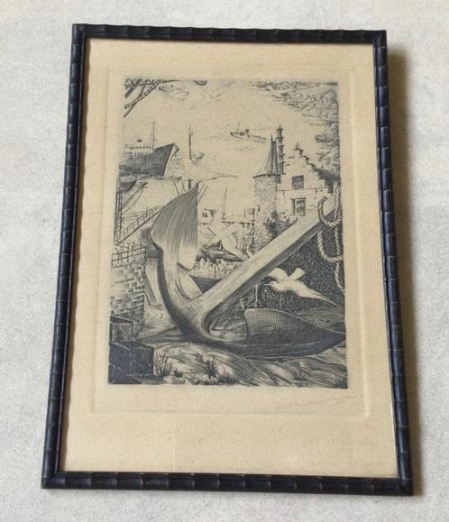 Ets met o.a. anker,boten,vogels etc.gesigneerd in potlood, Antiek en Kunst, Kunst | Etsen en Gravures, Verzenden