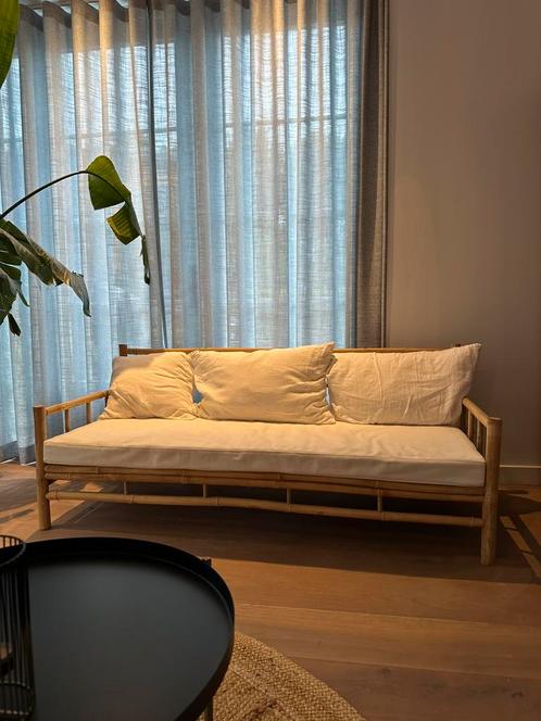 Bamboe loungeset – bank, 2 stoelen + tafel | Boho / Scandi, Huis en Inrichting, Banken | Sofa's en Chaises Longues, Zo goed als nieuw