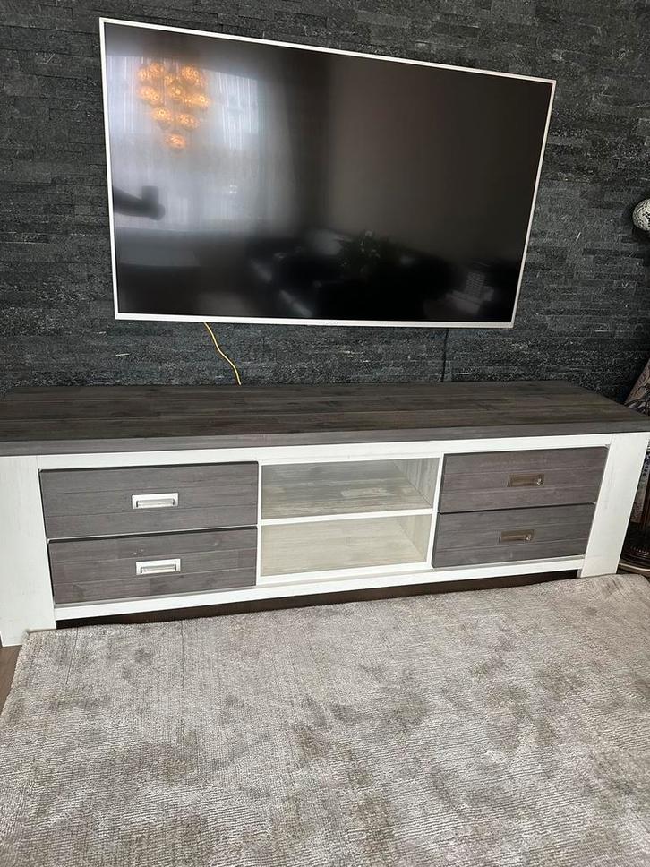 “Massief houten salontafel + TV-meubel, grijs-wit, Huis en Inrichting, Tafels | Salontafels, Gebruikt, Minder dan 50 cm, Rechthoekig