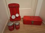Rood emaille lepelrek + broodtrommel + beschuit en theebus, Ophalen of Verzenden