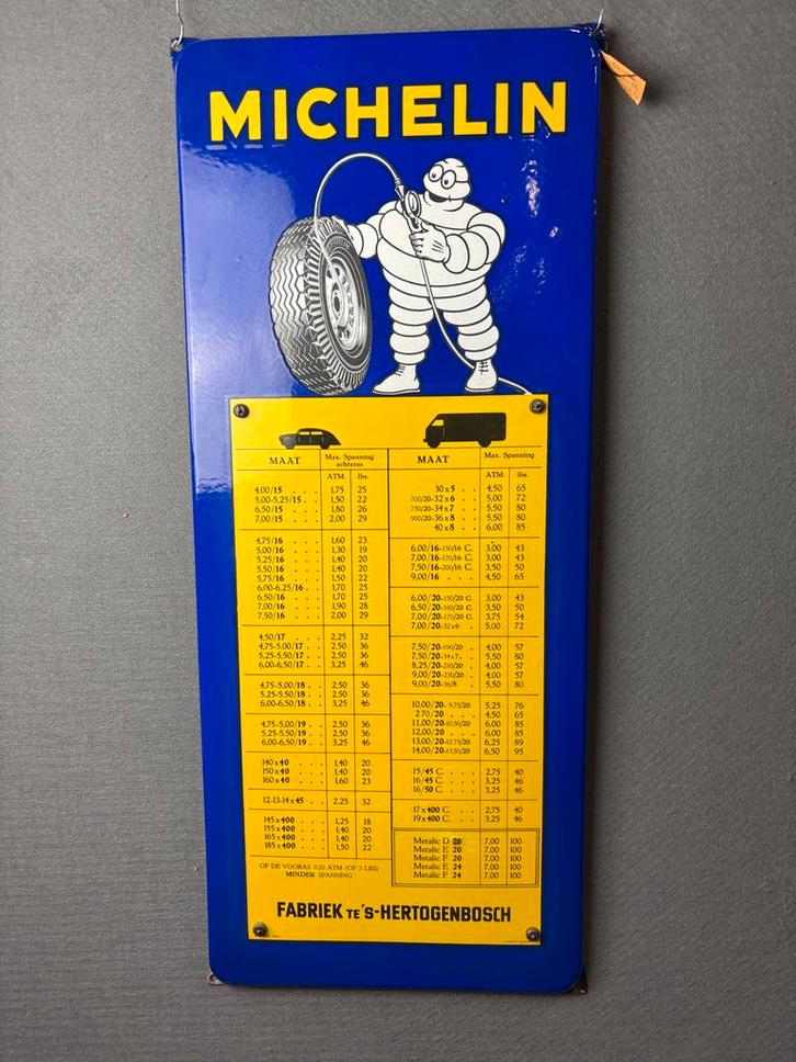 Michelin bandenspanning tabel Bibendum Langcat Bussum, Antiek en Kunst, Antiek | Emaille, Ophalen of Verzenden