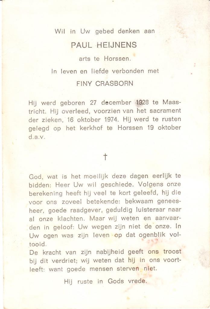 Maastricht 1928 - Horssen 1974 Paul Heijnens, Verzamelen, Bidprentjes en Rouwkaarten, Bidprentje, Ophalen of Verzenden
