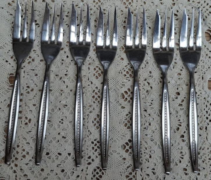 7 Vintage gebaksvorkjes, Esmeyer 18/10, Huis en Inrichting, Keuken | Bestek, Gebruikt, Los bestek, Rvs of Chroom, Vaatwasserbestendig