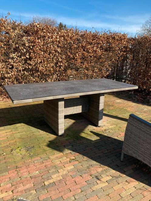 Tuintafel 100x220 met glazen blad en 6 beschadigde stoelen., Tuin en Terras, Tuintafels, Gebruikt, Rechthoekig, Aluminium, Ophalen