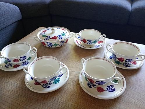 Boerenbontset: Soepterrine met 5 kom en schotels, Huis en Inrichting, Keuken | Servies, Gebruikt, Kop(pen) en/of Schotel(s), Boerenbont