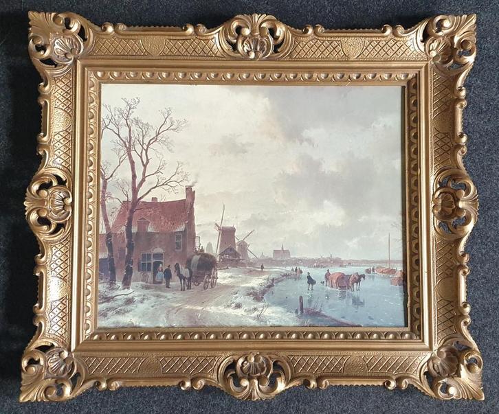 Schilderij Nuijen: Winterlandschap met Schaatsers, Antiek en Kunst, Kunst | Schilderijen | Klassiek, Ophalen