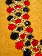 Vintage goudkleurige Collier met Rode & Zwarte Kralen, Ophalen of Verzenden, Zo goed als nieuw, Overige materialen